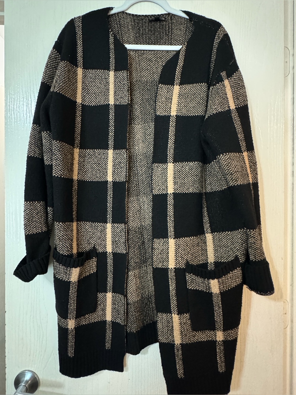 Fashion Nova Black and Cream Plaid Open-Front Cardigan